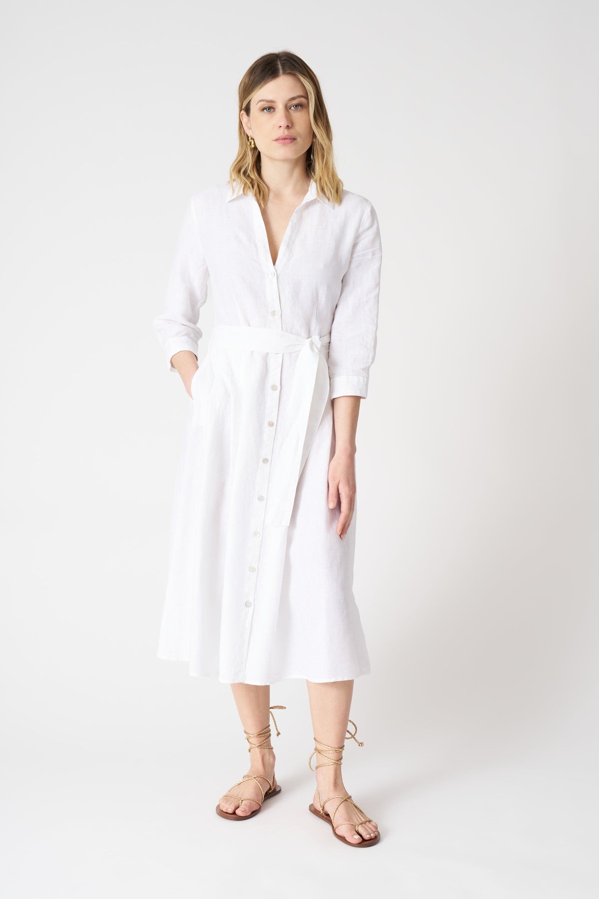 Women's Linen V-Neck Shirt Dress with Belt – White, view 1