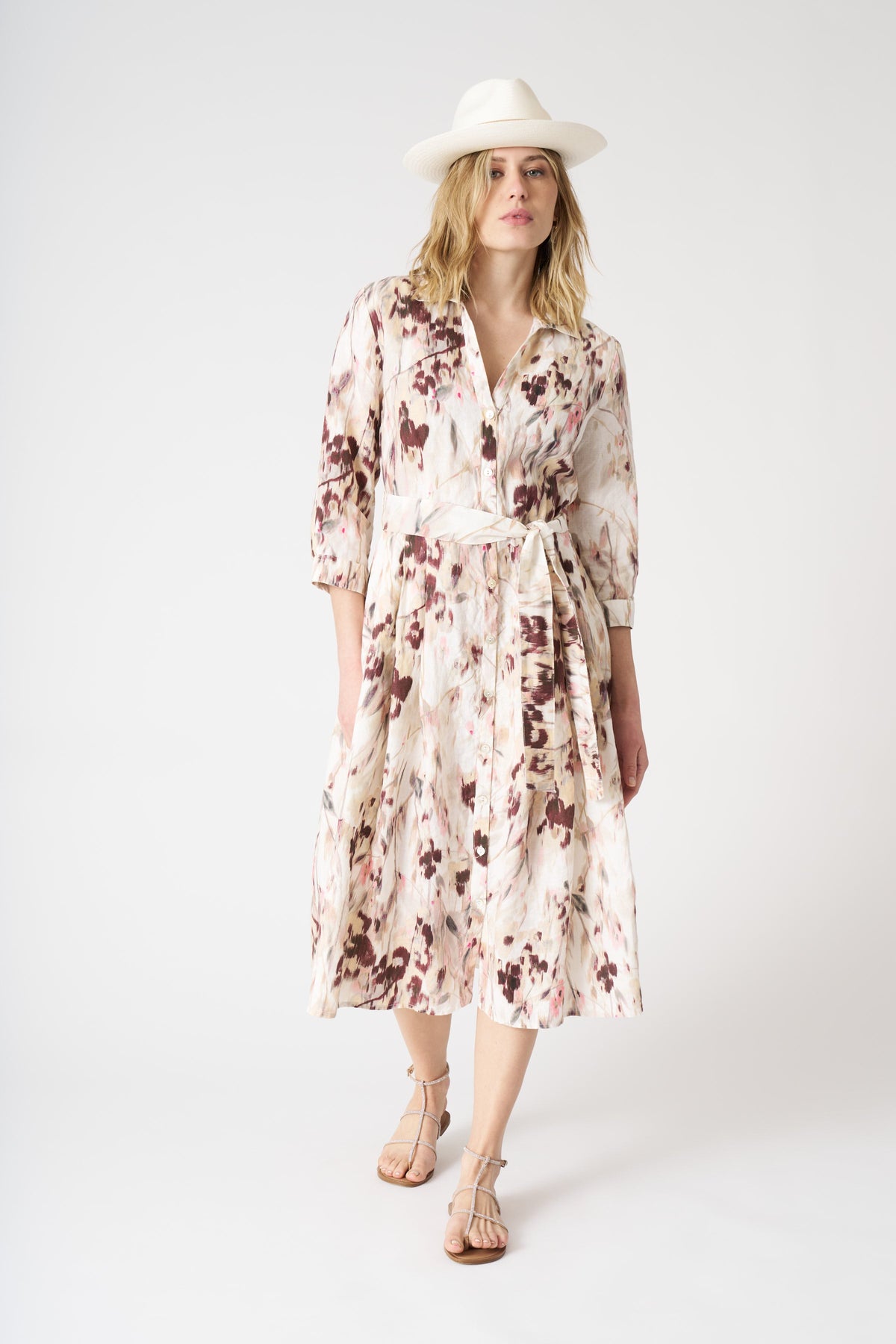 Women's Japanese Flower Linen Shirt Dress – Washed-Pink Print, view 1