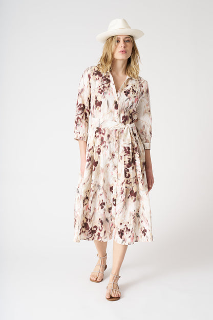 Women's Japanese Flower Linen Shirt Dress – Washed-Pink Print, view 1