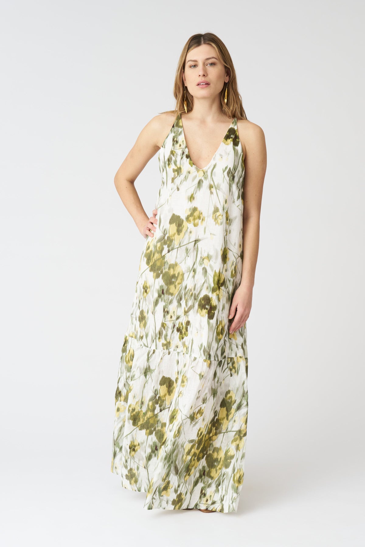 Women's Linen Japanese Flower Halter Maxi Dress – Washed-Green Print, view 1