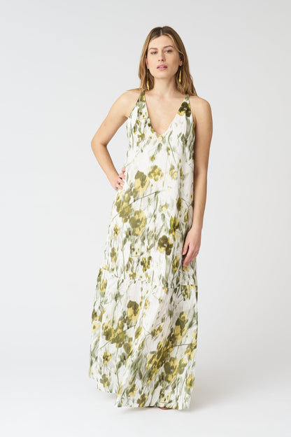Women's Linen Japanese Flower Halter Maxi Dress – Washed-Green Print, view 1