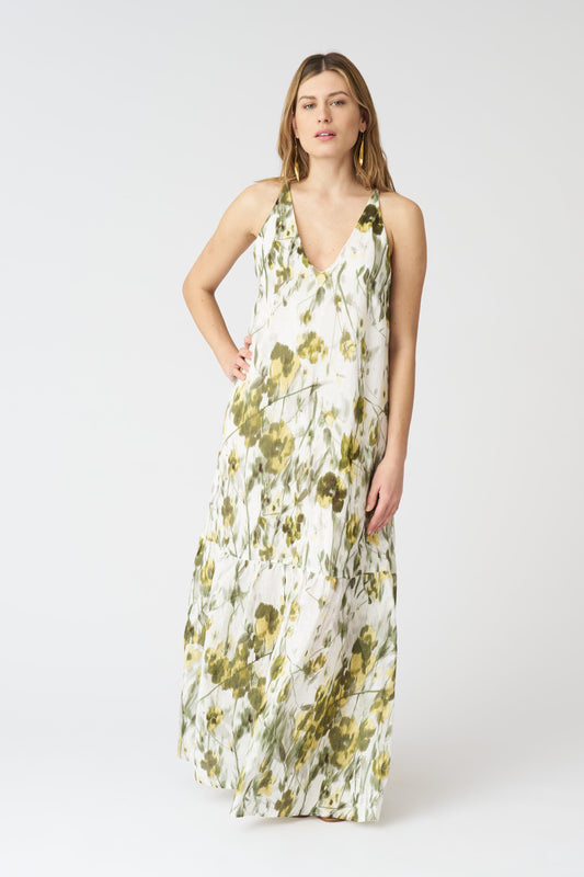 Women's Linen Japanese Flower Halter Maxi Dress – Washed-Green Print, view 1