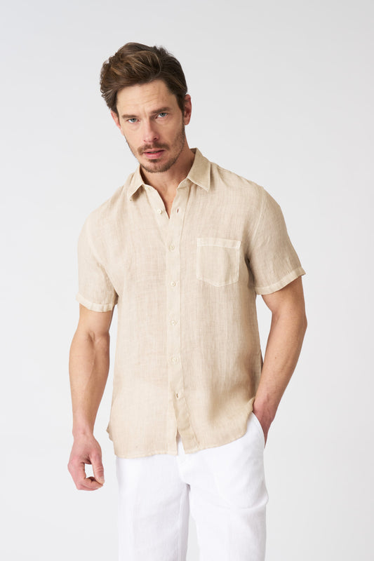 Men's Regular Fit Linen Shirt with Pocket – Beige Soft Fade, view 1