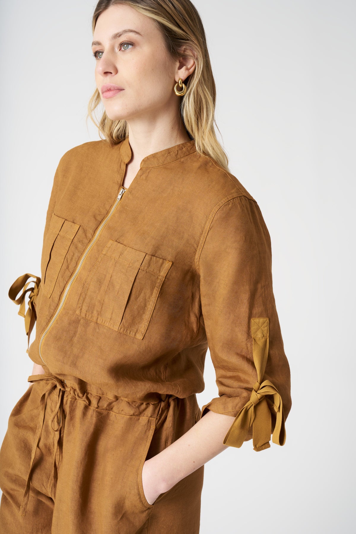 Women's Linen Jumpsuit with Tied Sleeves – Curry, view 4