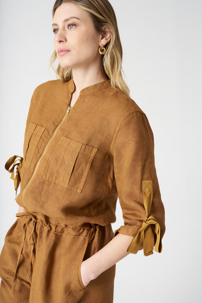 Women's Linen Jumpsuit with Tied Sleeves – Curry, view 4