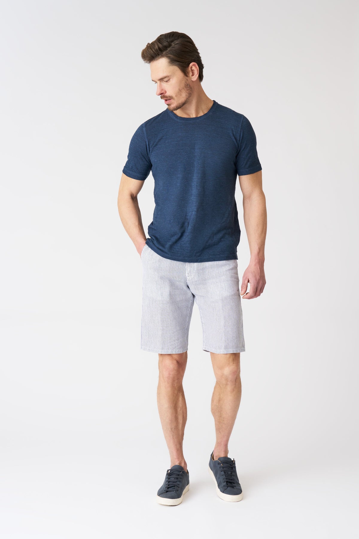 Men's Navy Stripe Linen Shorts – White, view 1