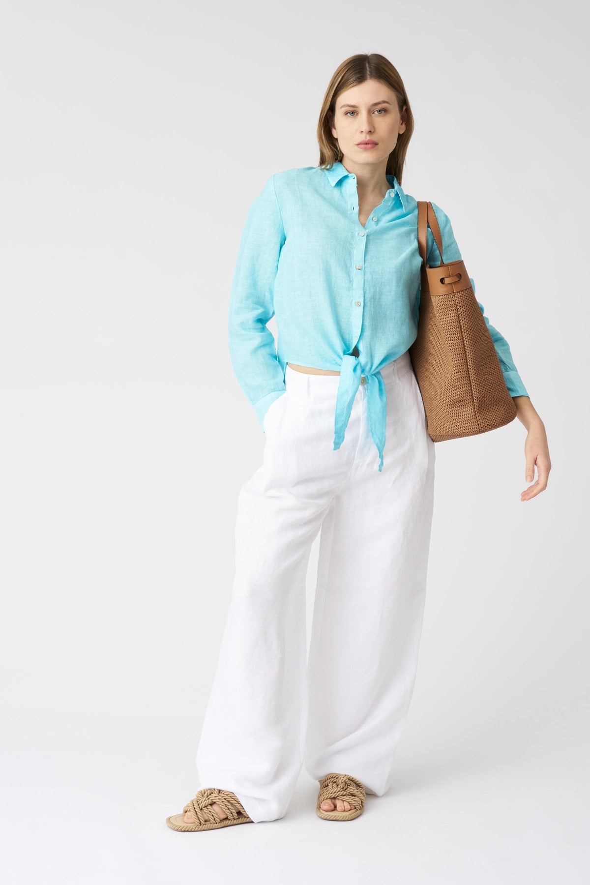 Women's Linen Tie-Front Shirt – Aruba Blue Soft Fade, view 3