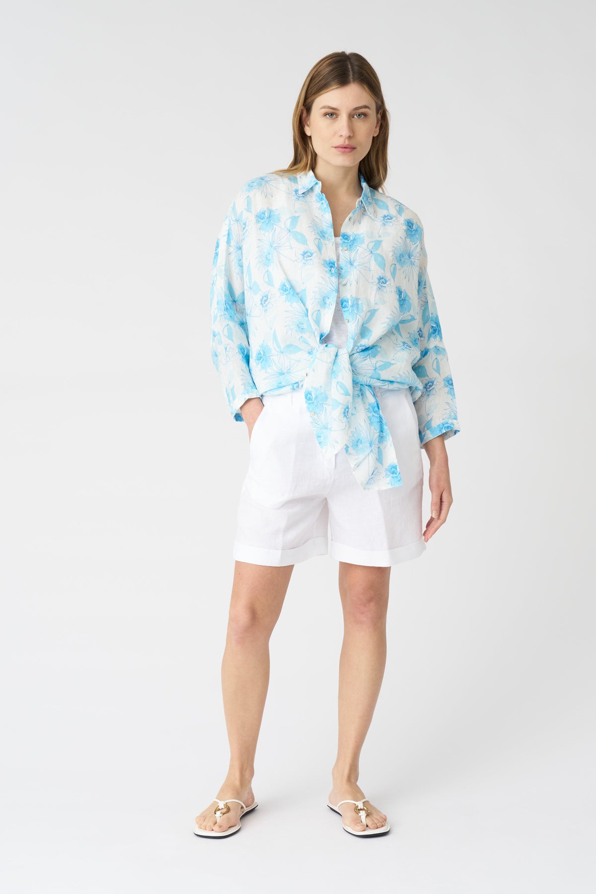 Women's Linen Drawstring Shorts – White, view 1