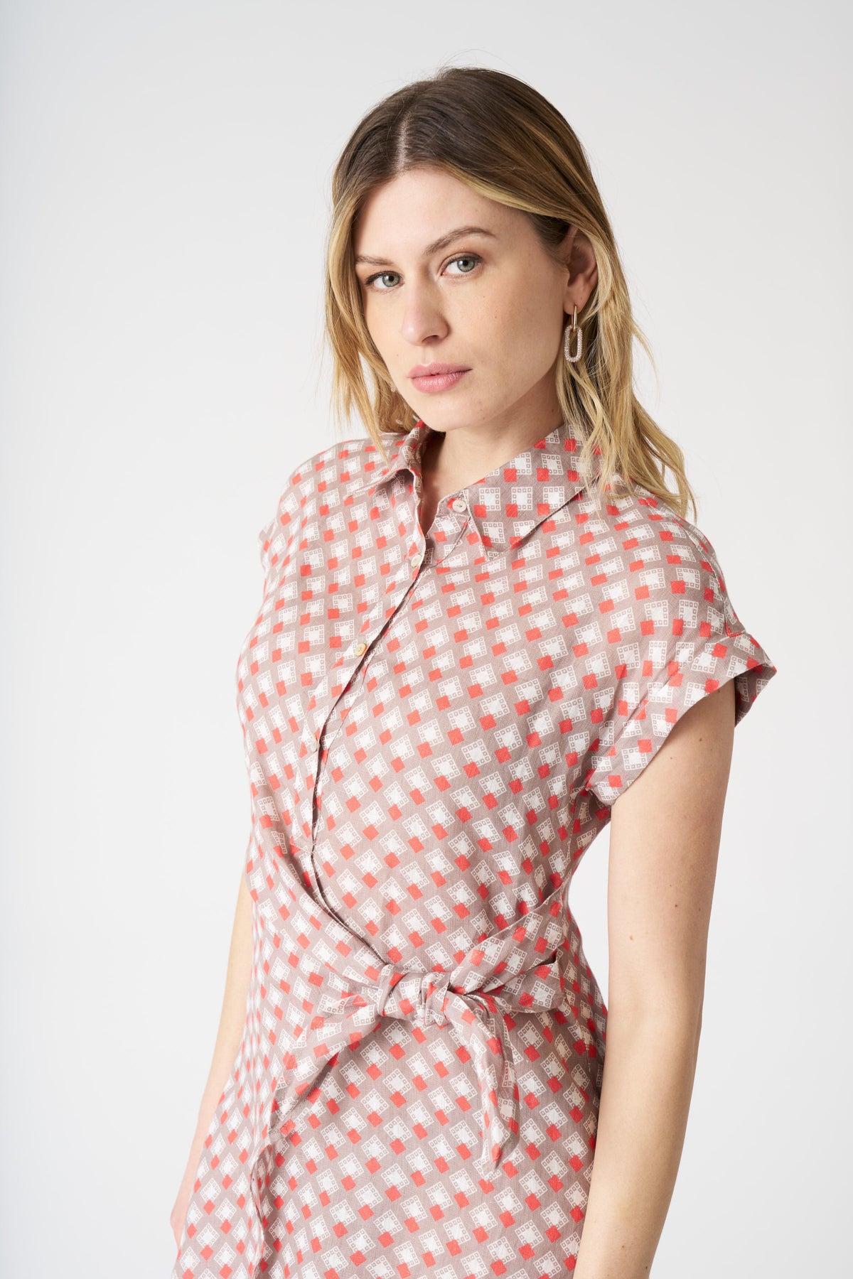 Women's Linen Geometric Dress with Draped Knot – Washed Orange, view 2