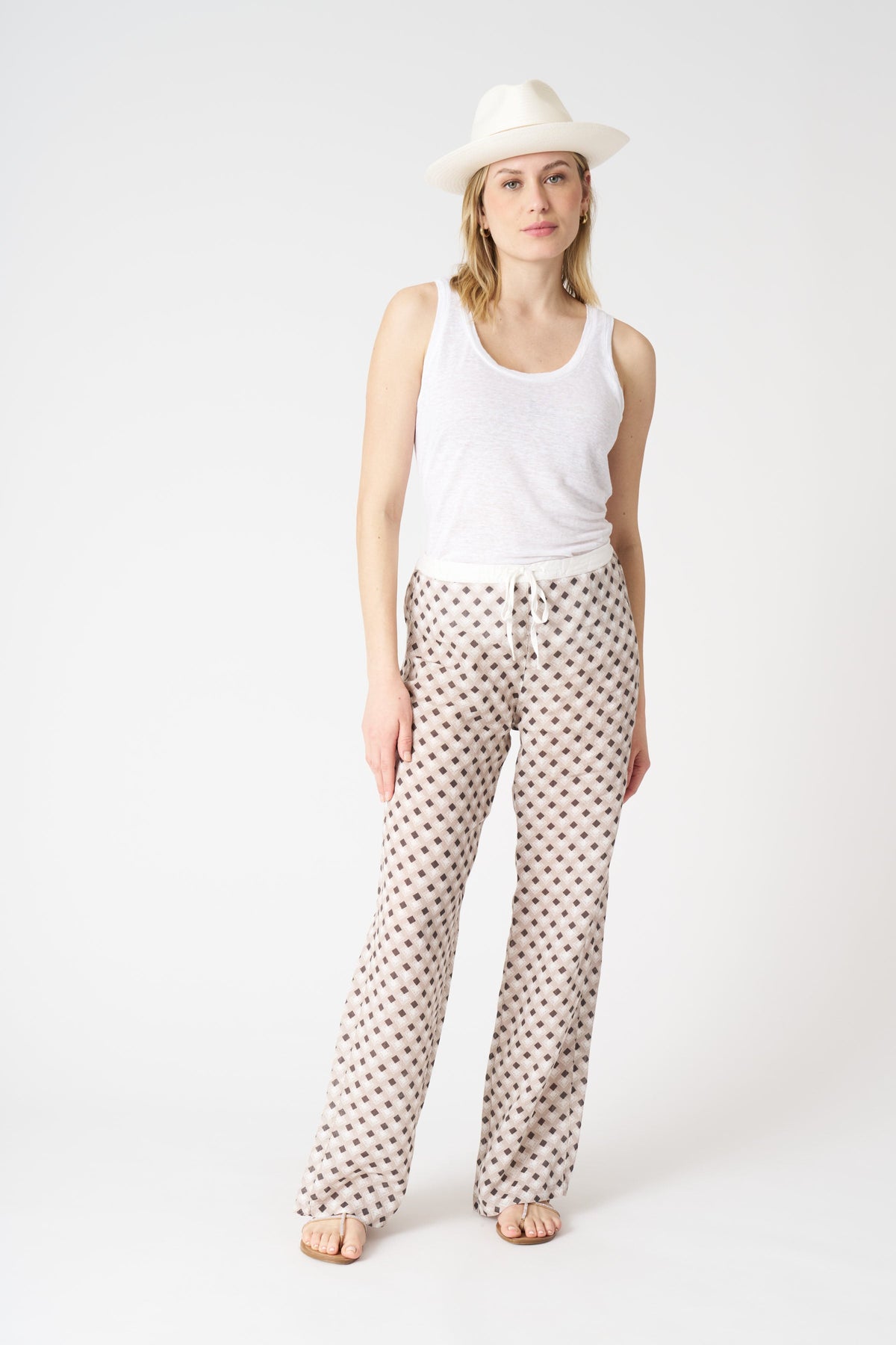 Women's Linen Geometric Drawstring Pants – Washed Cioccolato, view 1