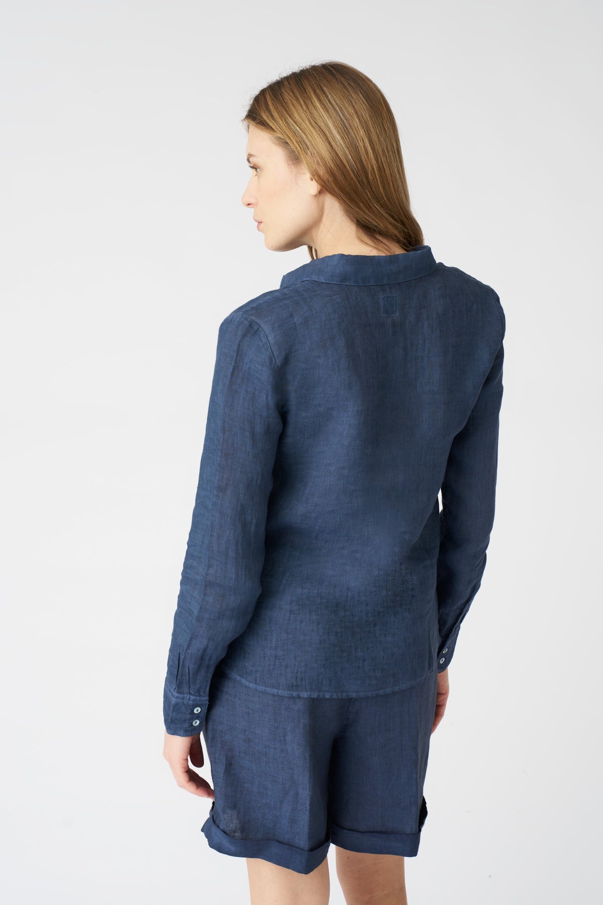 Women's Linen Tie-Front Shirt – Navy Fade, view 4