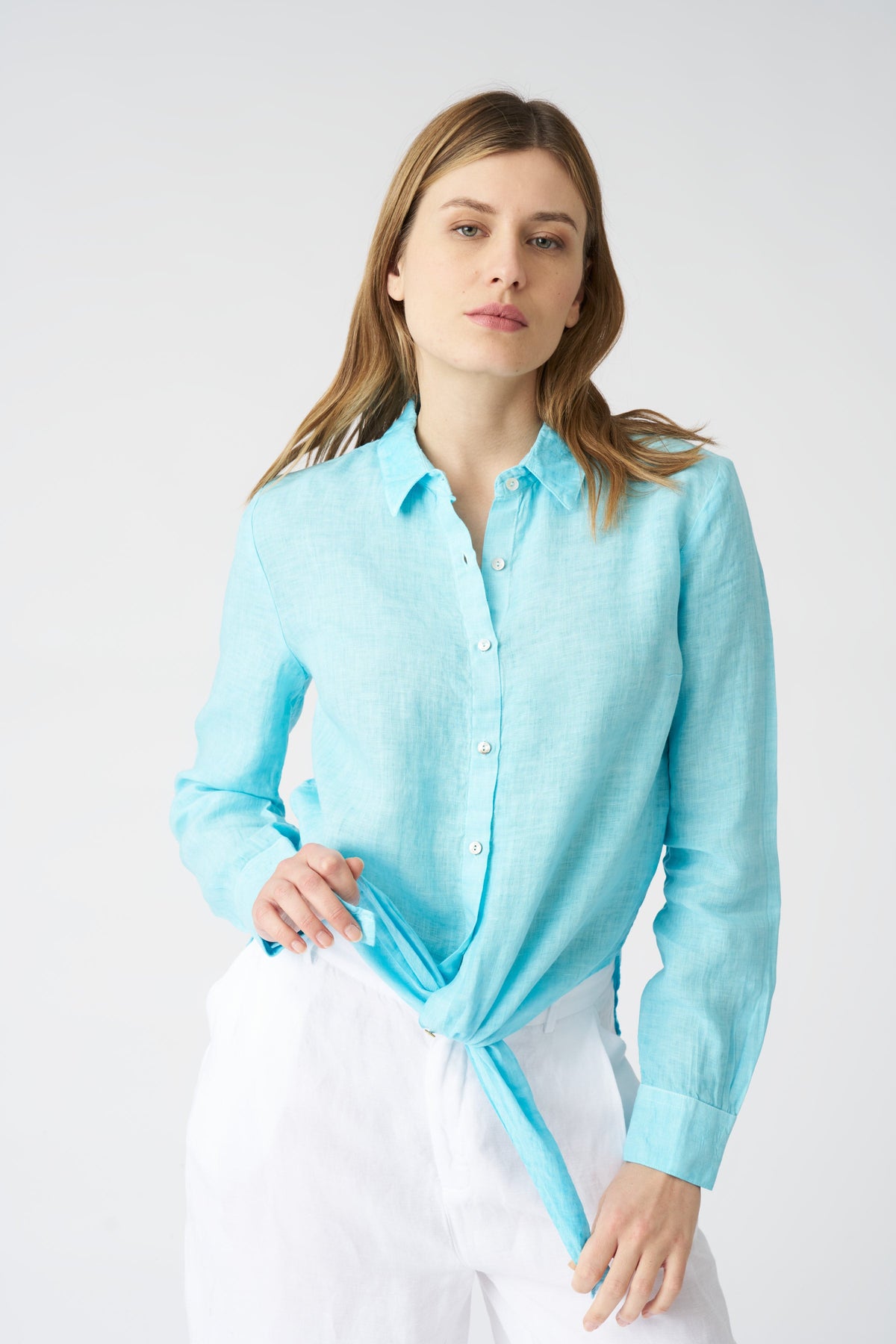 Women's Linen Tie-Front Shirt – Aruba Blue Soft Fade, view 2