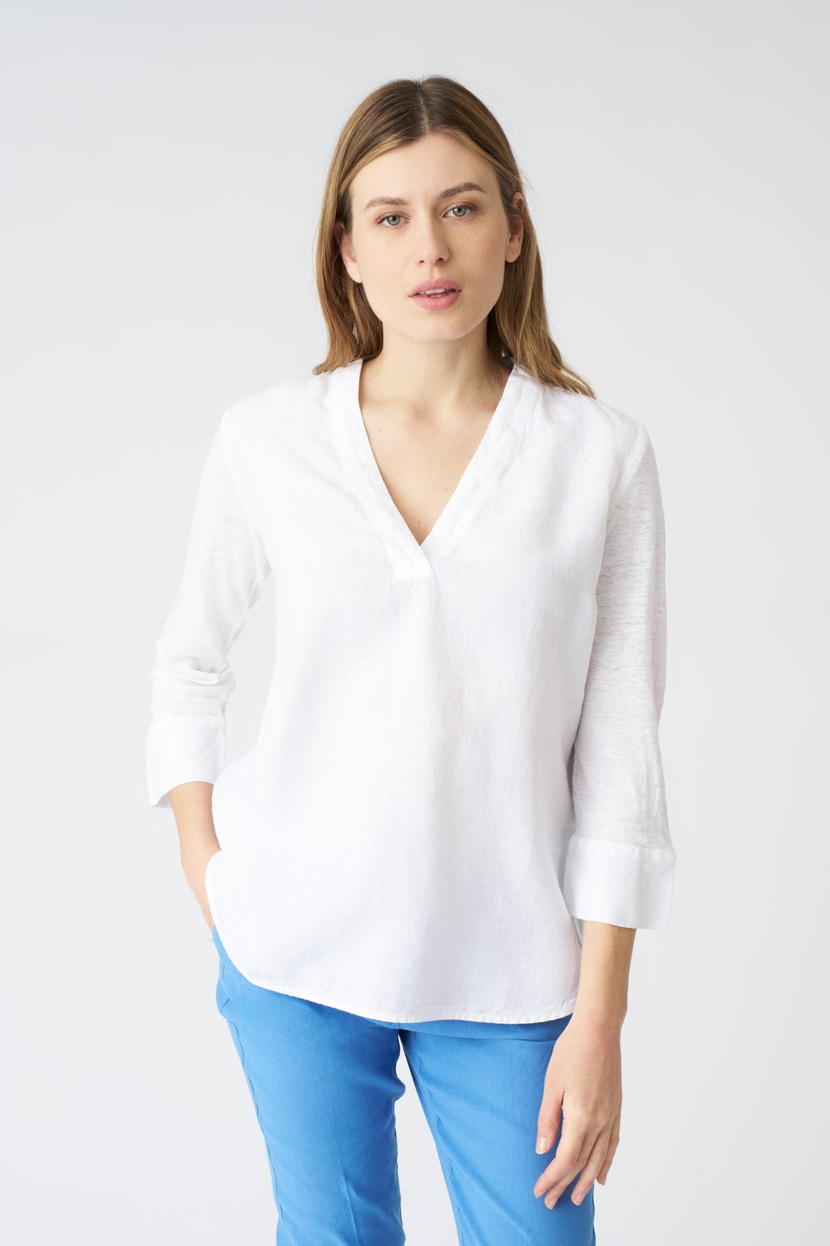Women's Linen Relaxed V-Neck Blouse – White, view 1