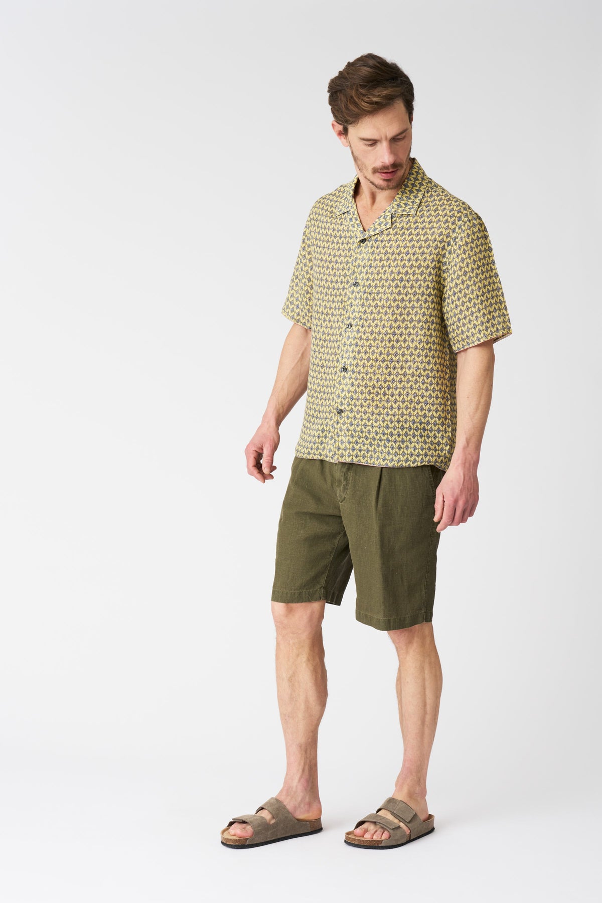 Men's Geometric Yellow Notched Collar Regular Fit Linen Shirt – Washed-Yellow Print, view 3