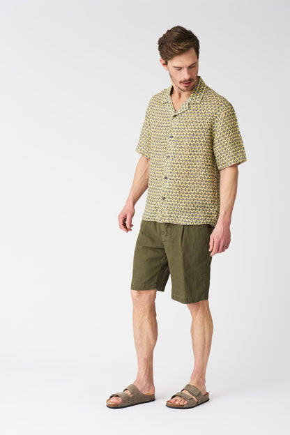 Men's Geometric Yellow Notched Collar Regular Fit Linen Shirt – Washed-Yellow Print, view 3