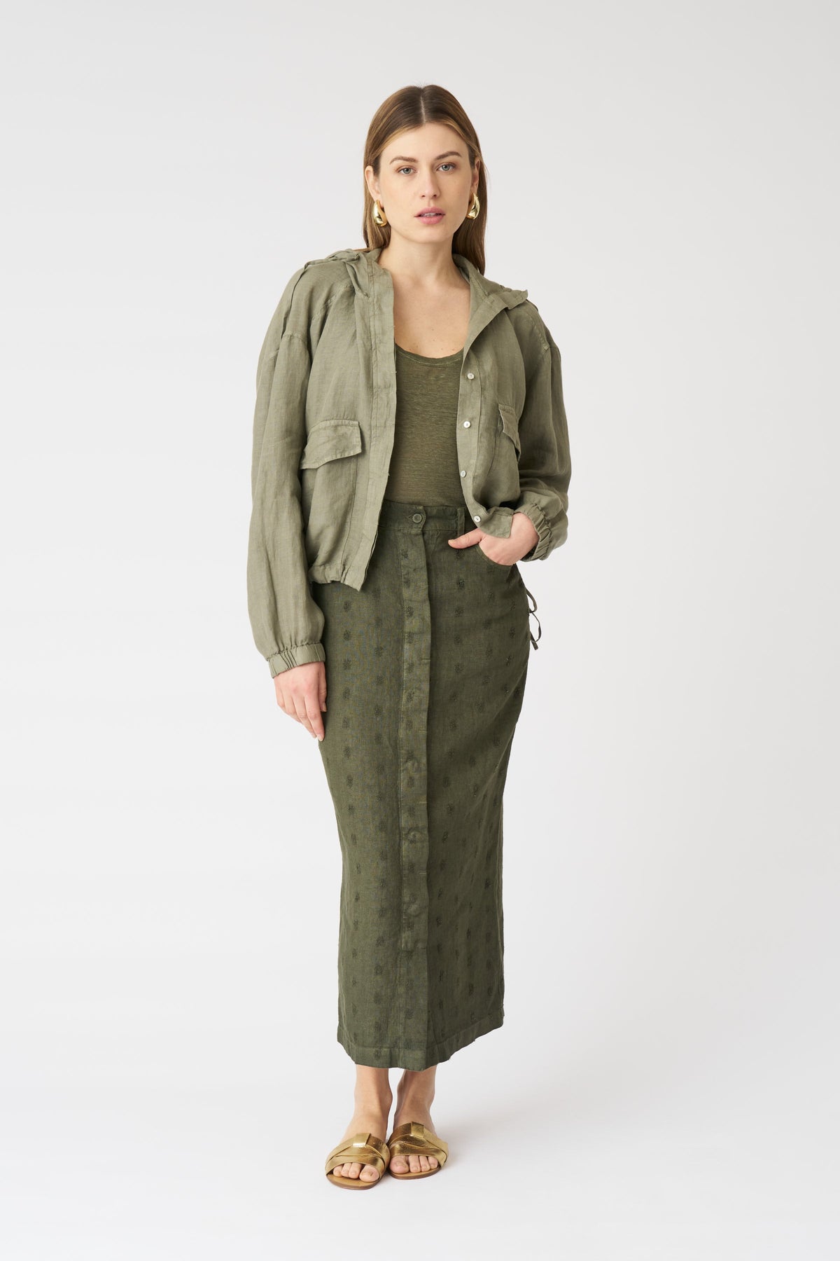 Women's Linen Jacket with Hood and Drawstring Waist – Cactus, view 3