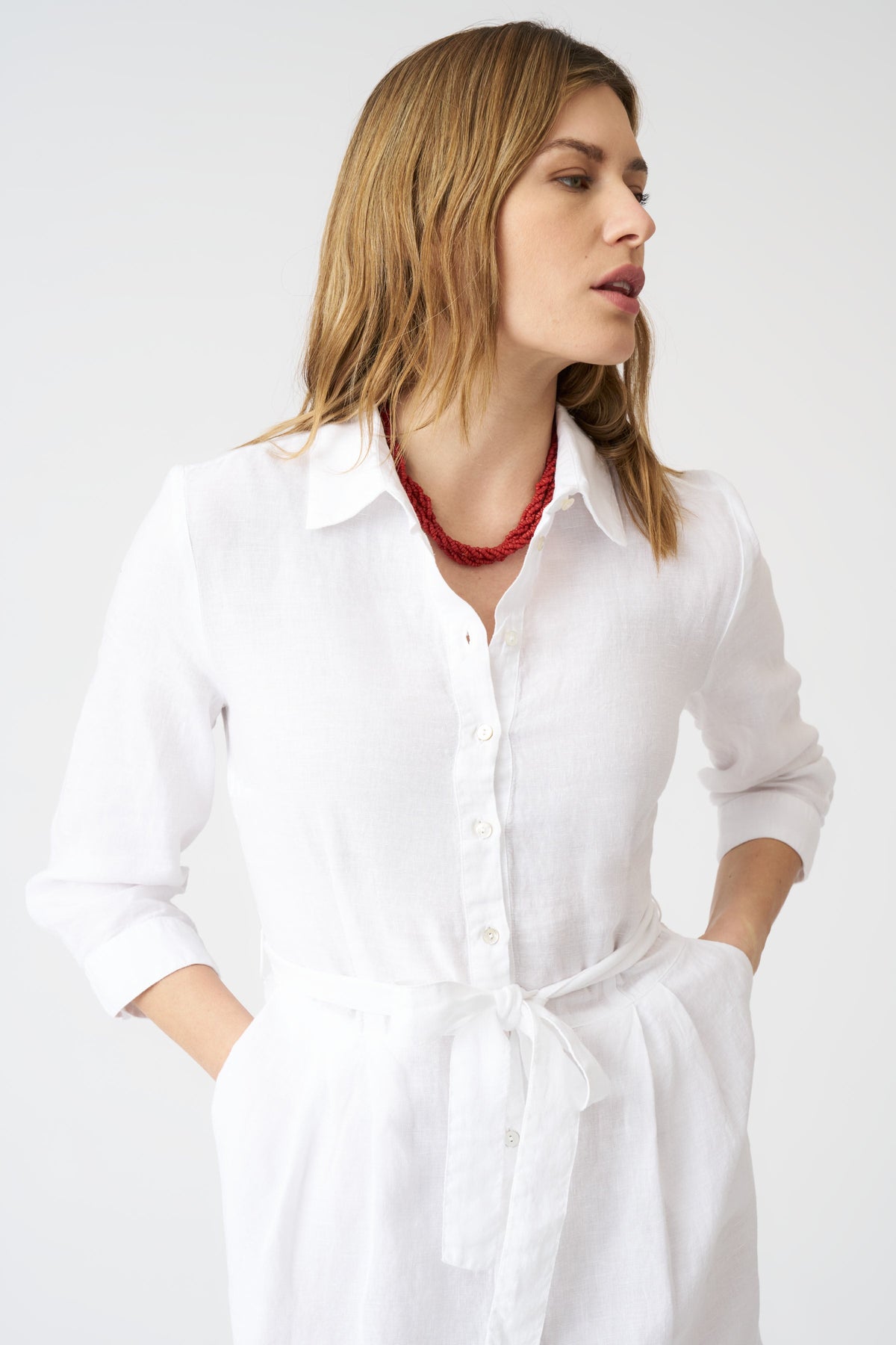 Women's Linen Shirt Dress with Belt – White, view 4