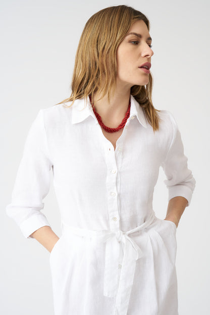Women's Linen Shirt Dress with Belt – White, view 4
