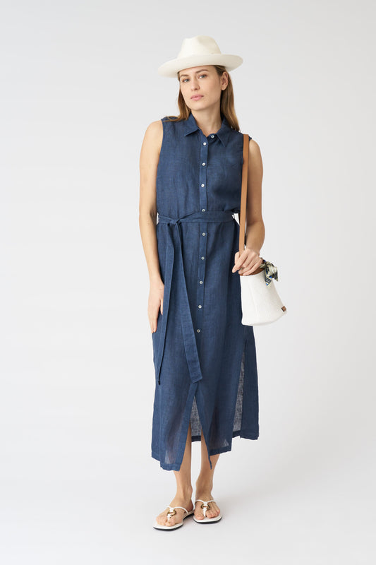 Women's Linen Chemisier Dress with Belt – Navy Fade, view 1