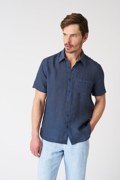 Men's Regular Fit Linen Shirt with Pocket – Navy Fade, view 1