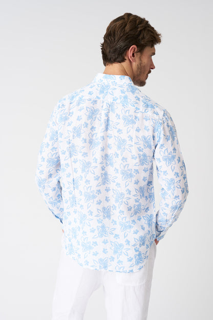 Men's Painted Flower Regular Fit Linen Shirt – Azzurro/White, view 4