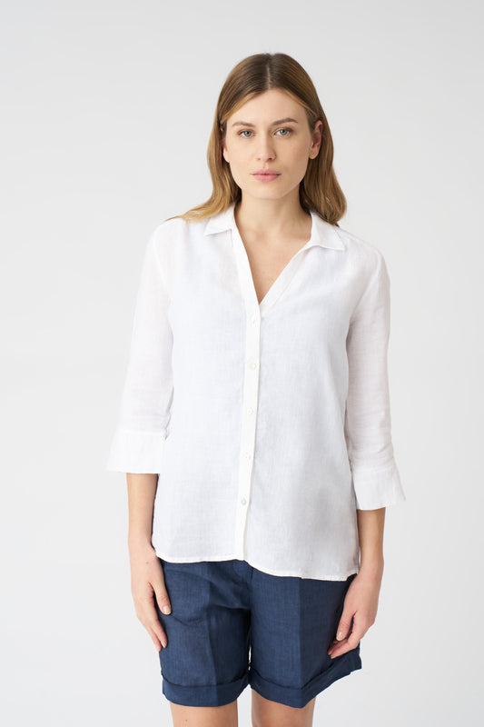 Women's Linen Regular-Fit Shirt with Offset Sleeves – White, view 1
