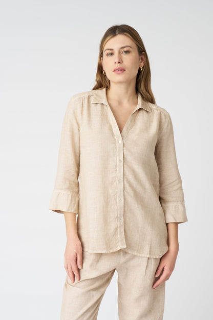 Women's Linen Regular-Fit V-Neck Shirt – Beige Soft Fade, view 1