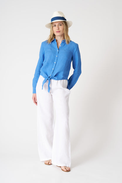 Women's Linen Shirt with Tie Detail – Indigo, view 3