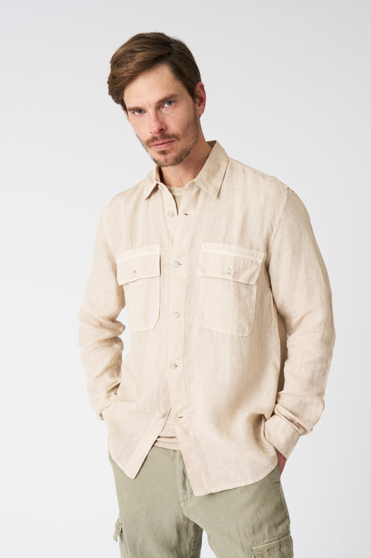 Men's Regular Fit Linen Shirt with Patch Pockets – Beige Soft Fade, view 1