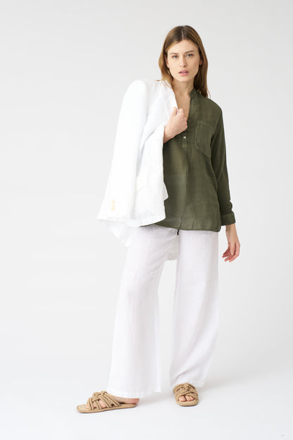 Women's Linen Blouse with Side Slits – Caffe Soft Fade, view 3