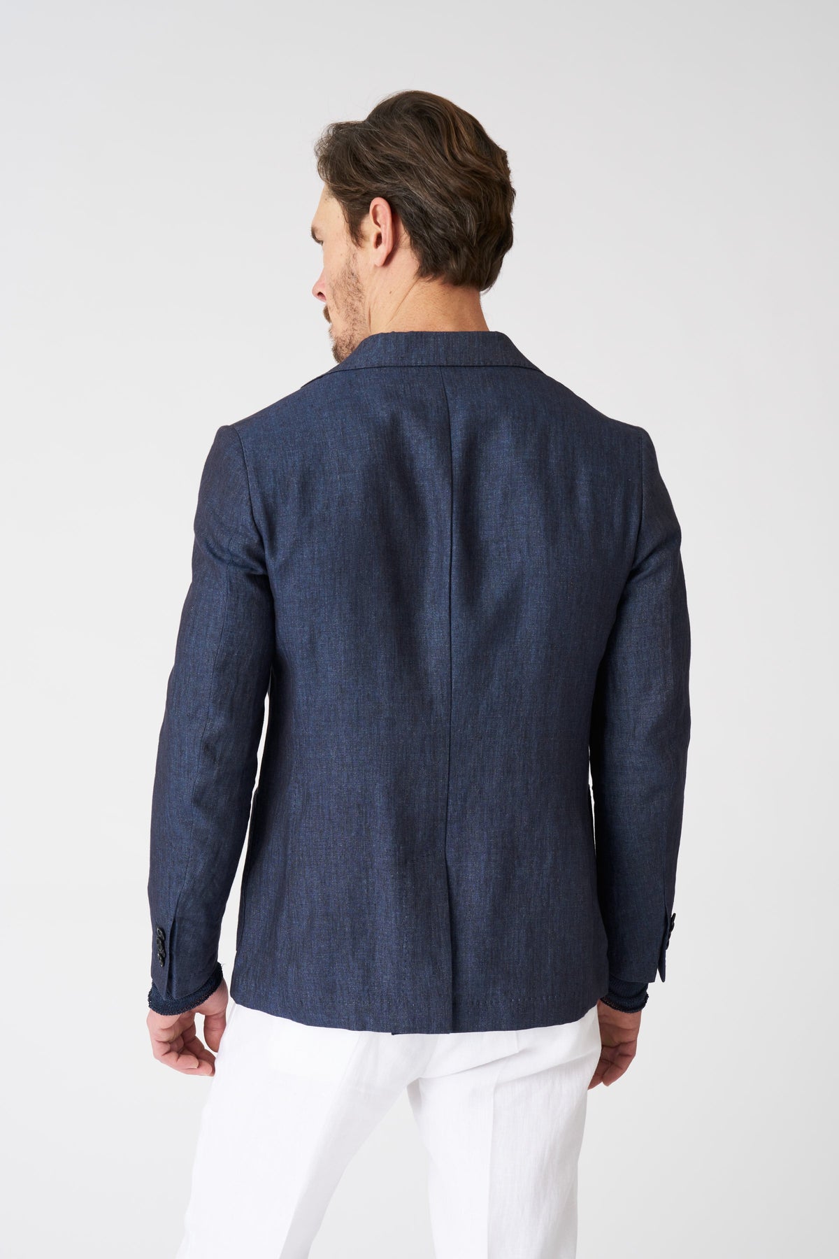 Men's Linen Slim Fit Single-Breasted Blazer with Patch Pockets – Navy, view 4