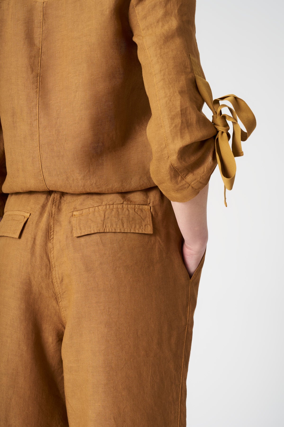 Women's Linen Jumpsuit with Tied Sleeves – Curry, view 2