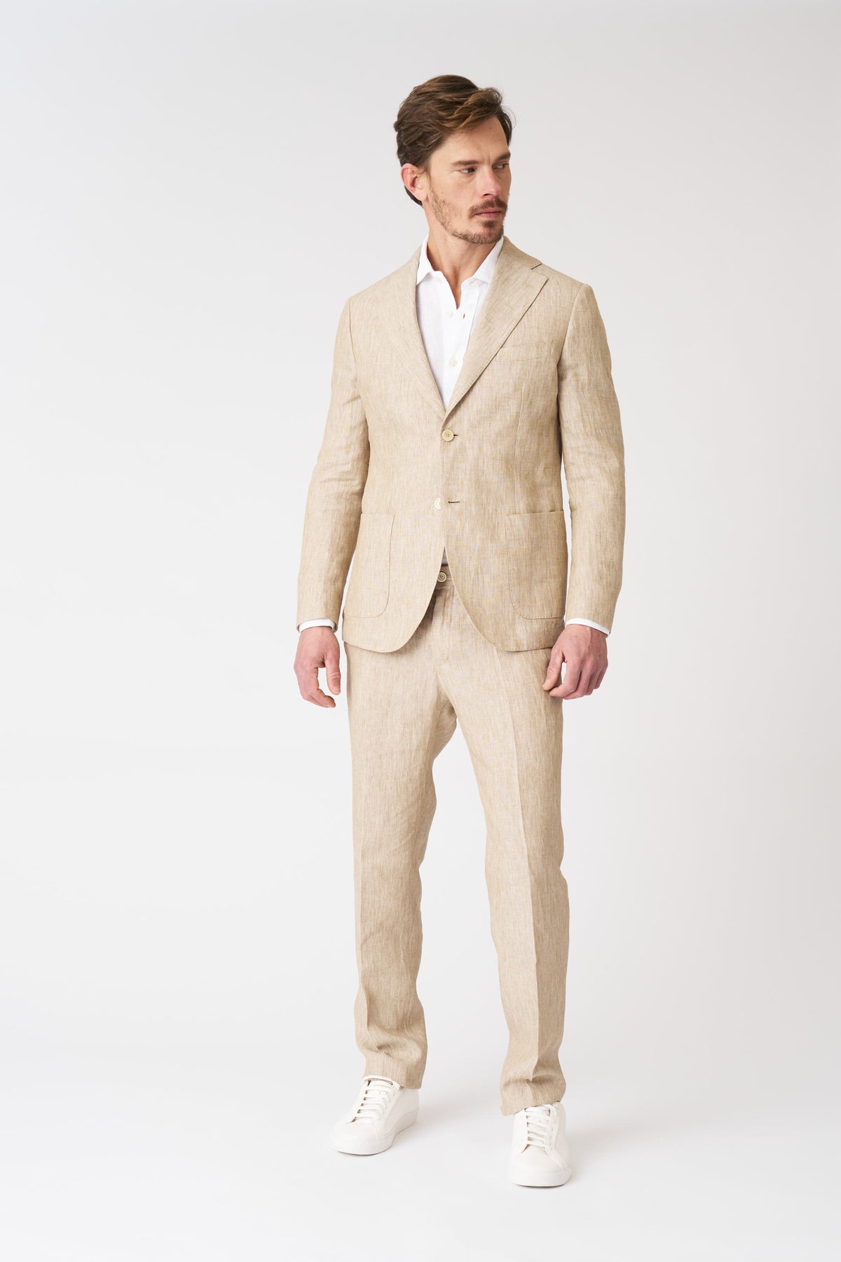 Men's Linen Slim Fit Single-Breasted Blazer with Patch Pockets – Beige, view 3