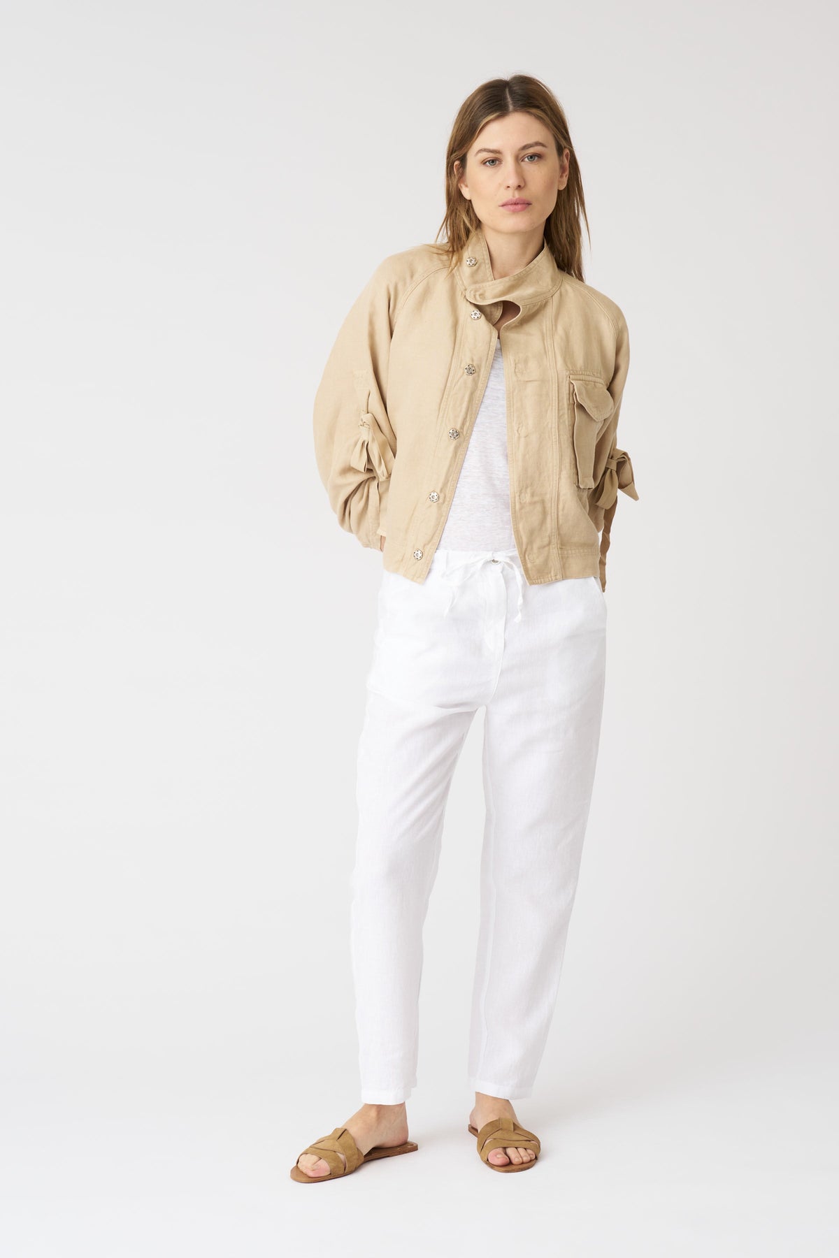 Women's Linen Jacket with Tie-Front Sleeves – Almond, view 3
