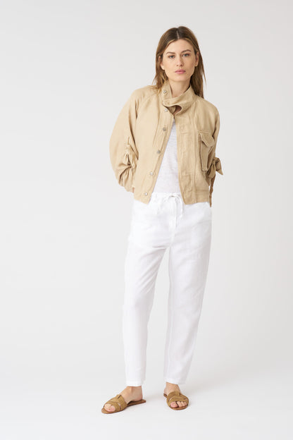 Women's Linen Jacket with Tie-Front Sleeves – Almond, view 3