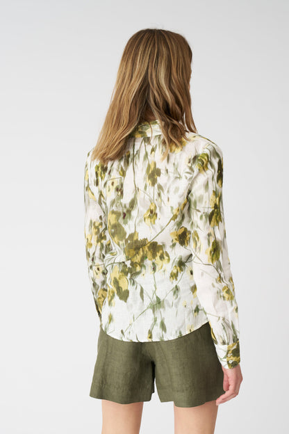 Women's Linen Japanese Flower Tie-Front Shirt – Washed-Green Print, view 4
