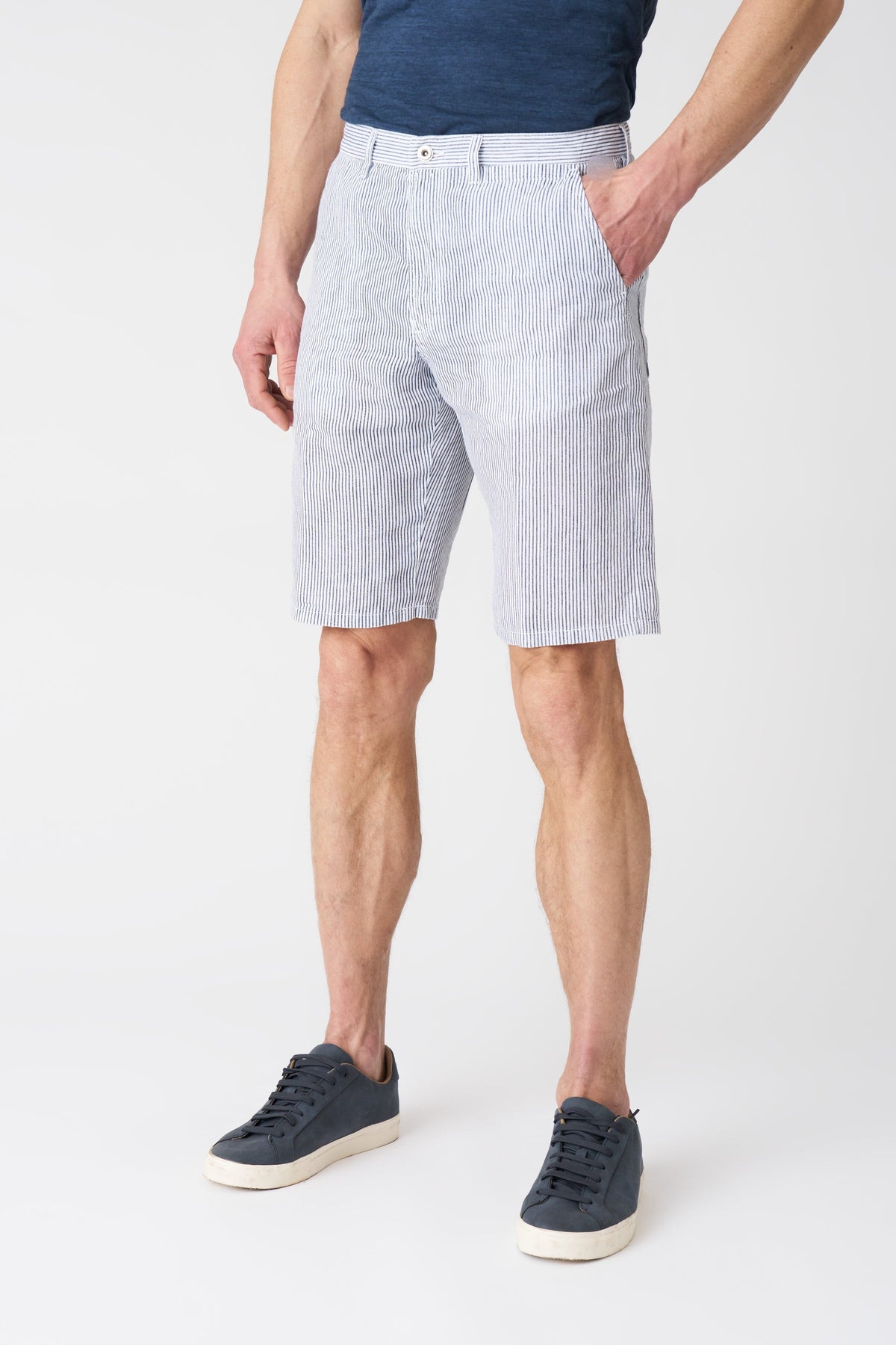 Men's Navy Stripe Linen Shorts – White, view 3