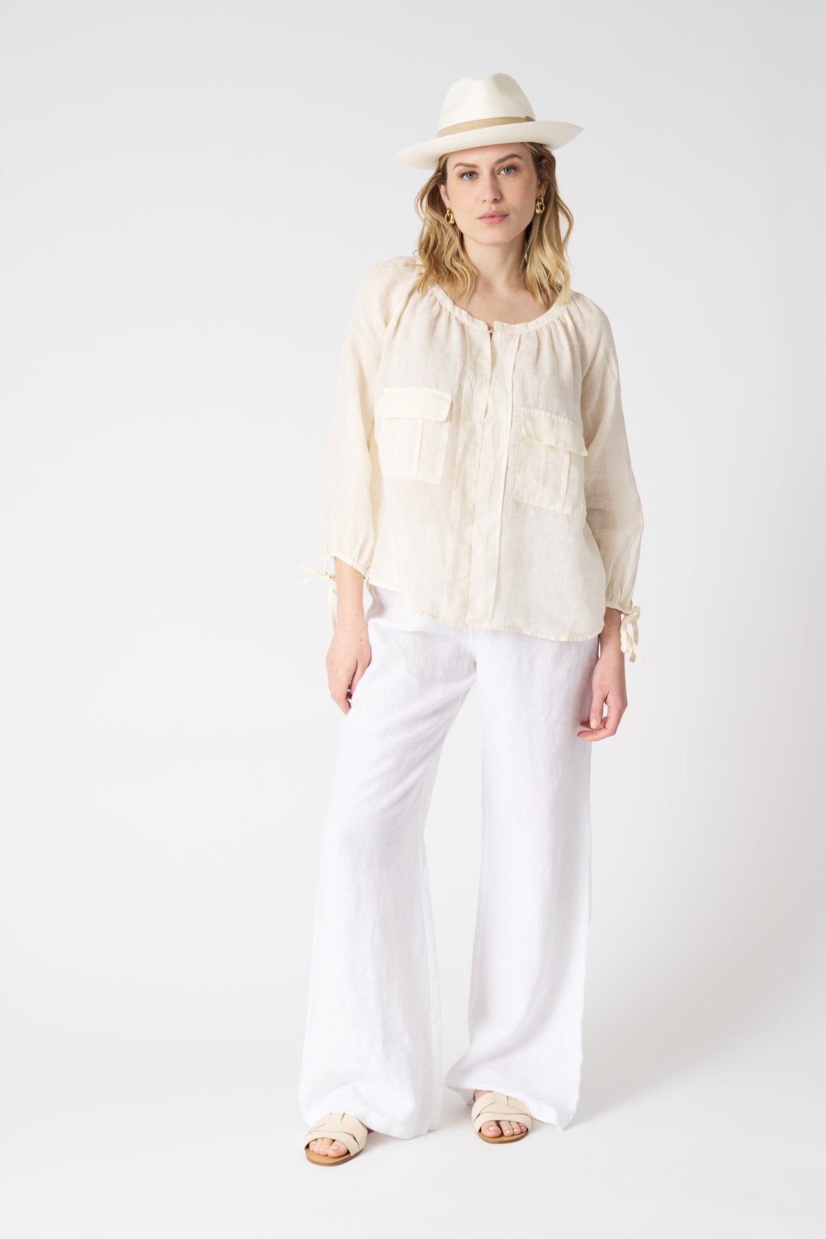 Women's Linen Blouse with Applied Pockets – Ecru, view 3