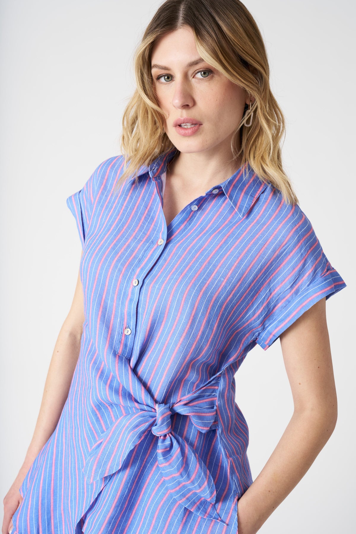 Women's Linen Striped Shirt with Draped Knot – Washed Sky, view 2