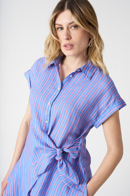 Women's Linen Striped Shirt with Draped Knot – Washed Sky, view 2