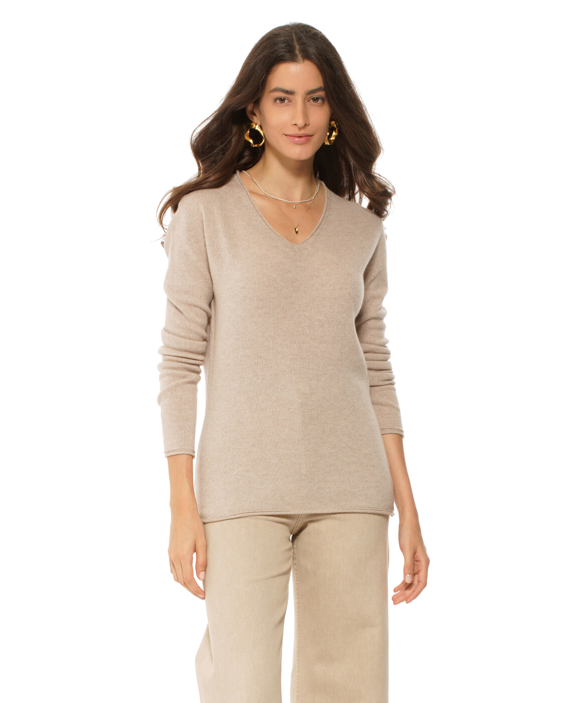 Monticelli Women's Ultra-Light Cashmere V-Neck Sweater Beige 1