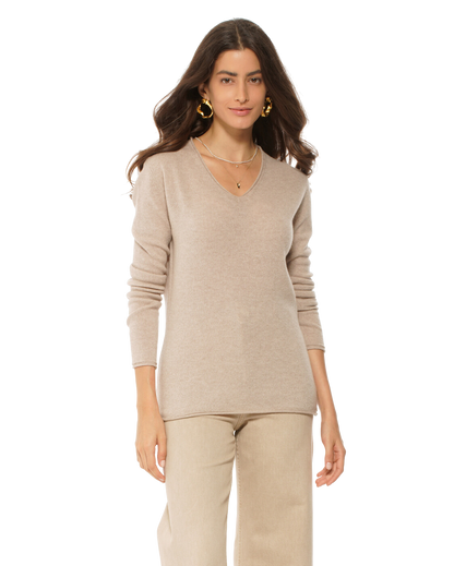 Monticelli Women's Ultra-Light Cashmere V-Neck Sweater Beige 1