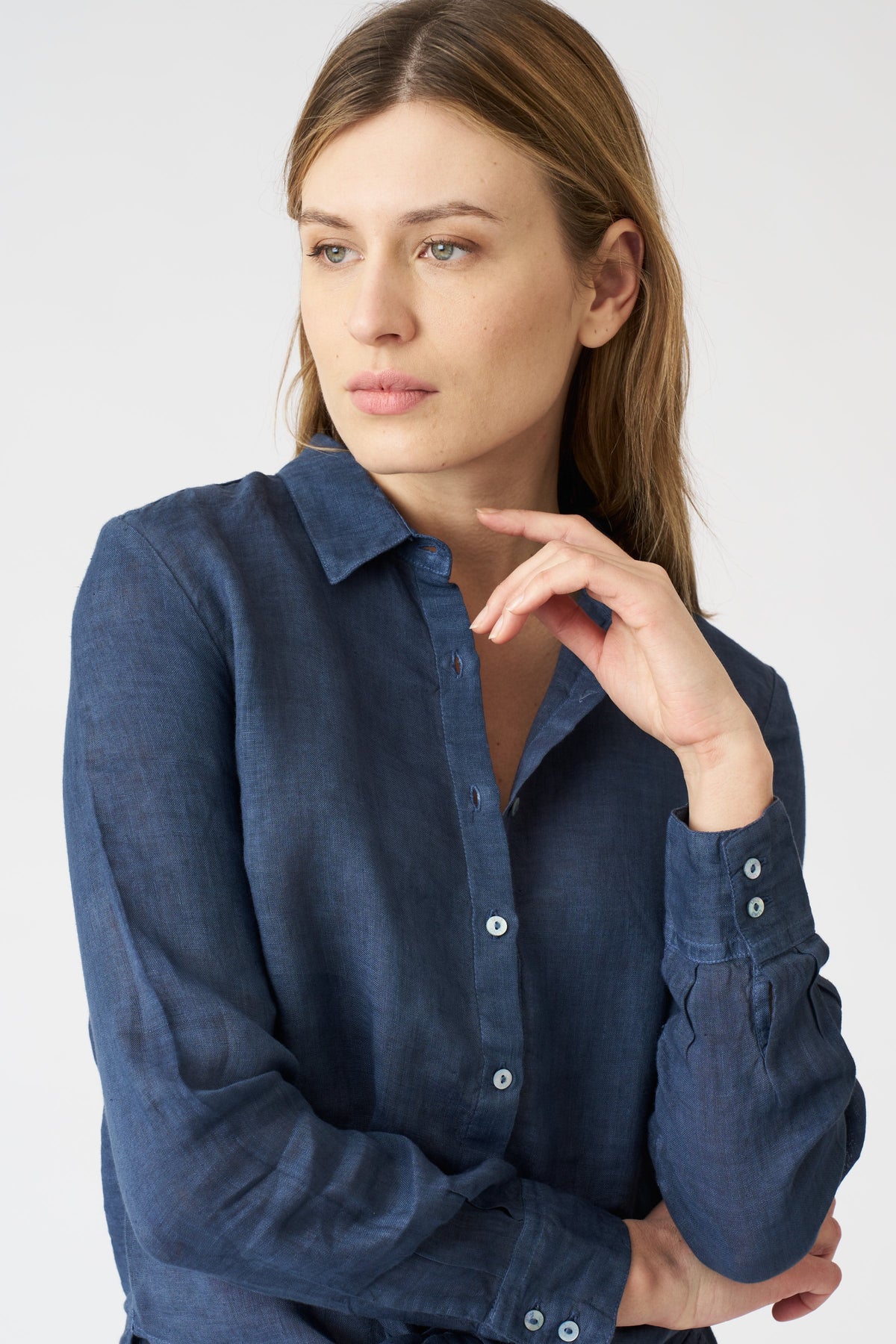 Women's Linen Tie-Front Shirt – Navy Fade, view 2