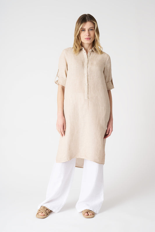 Women's Linen Blouse Dress – Beige Soft Fade, view 1