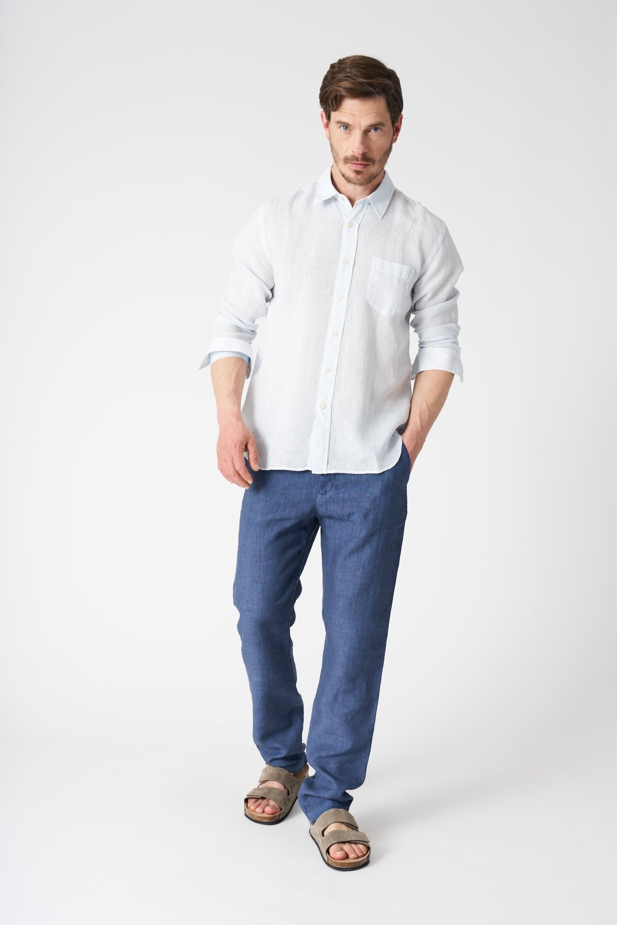 Men's Italian Collar Regular Fit Linen Shirt with Pocket – Sea Soft Fade, view 3