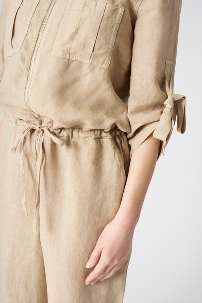 Women's Linen Jumpsuit with Tied Sleeves – Almond, view 2