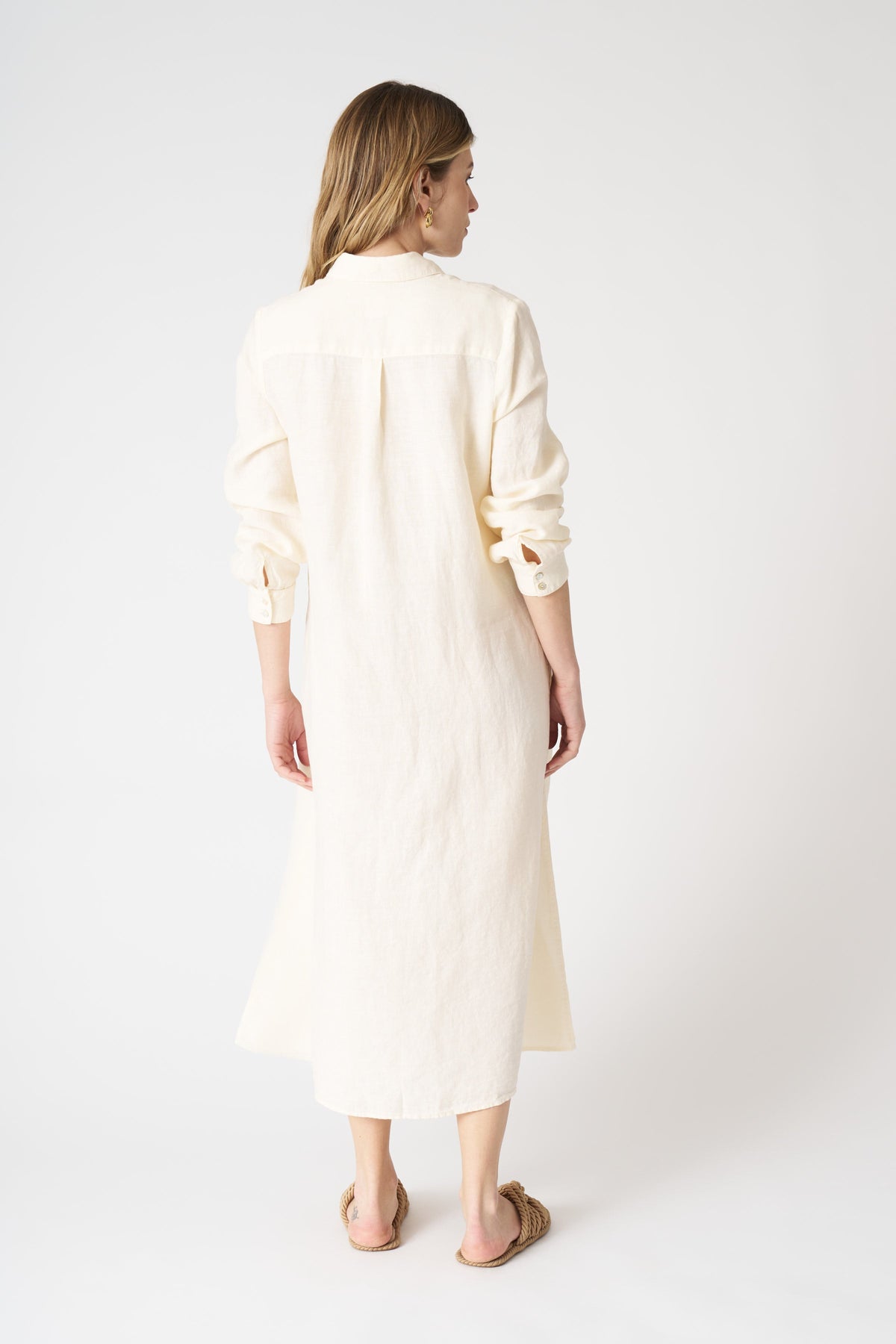Women's Linen Relaxed Long Shirt Dress – Ecru, view 3