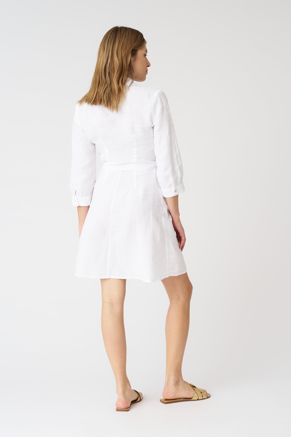 Women's Linen Shirt Dress with Belt – White, view 3