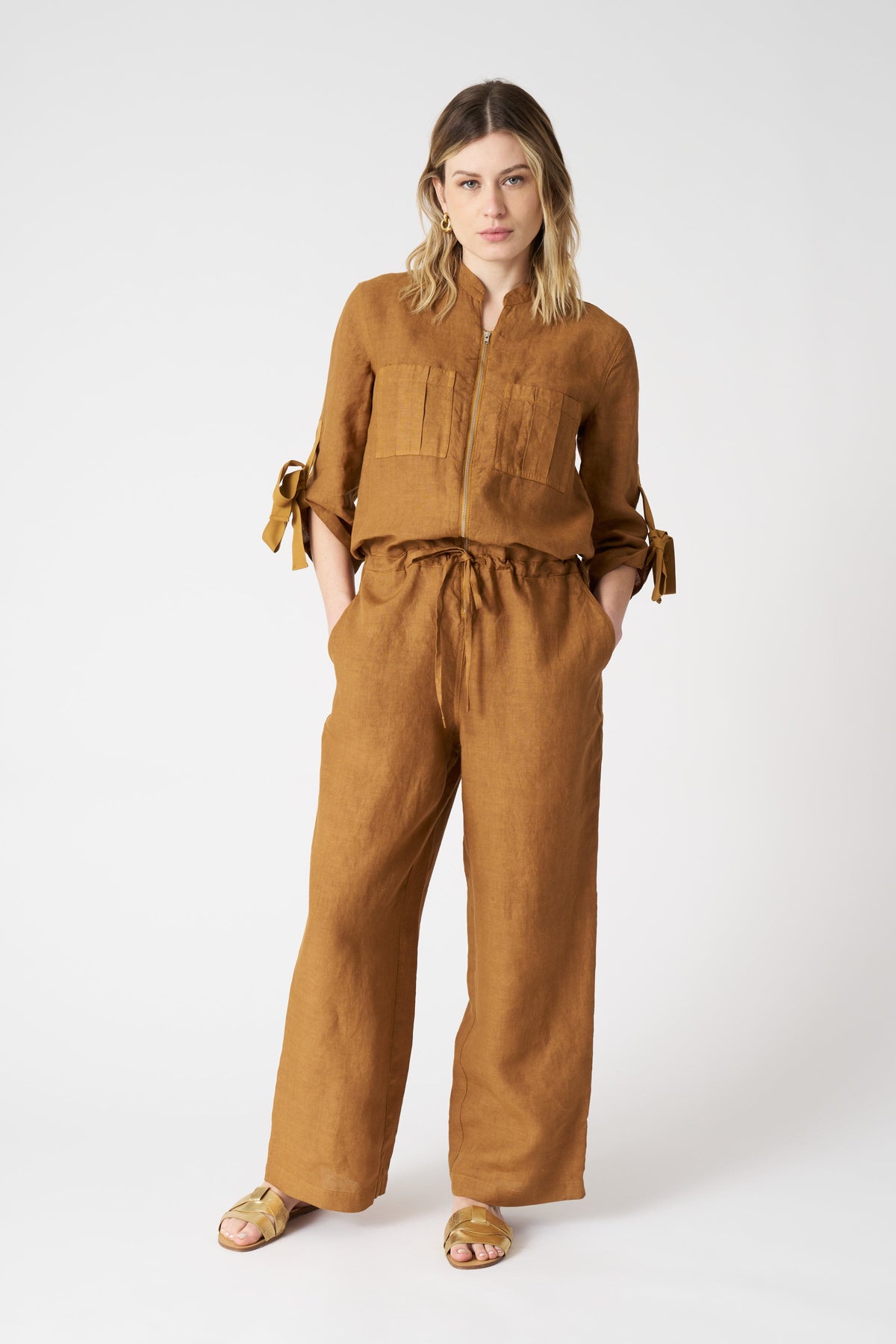 Women's Linen Jumpsuit with Tied Sleeves – Curry, view 1
