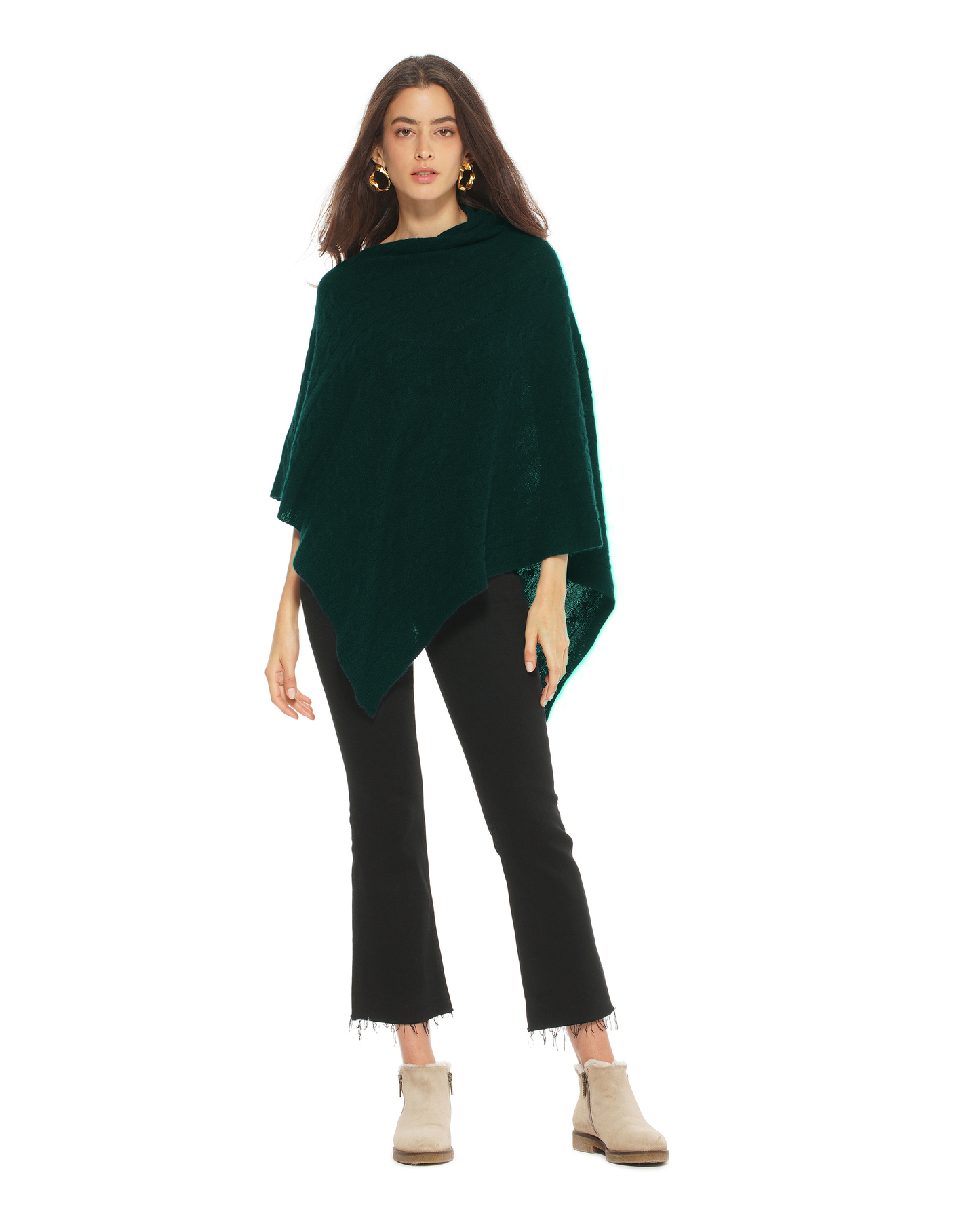 Women's Pure Cashmere Textured Knit Poncho Forest Green
